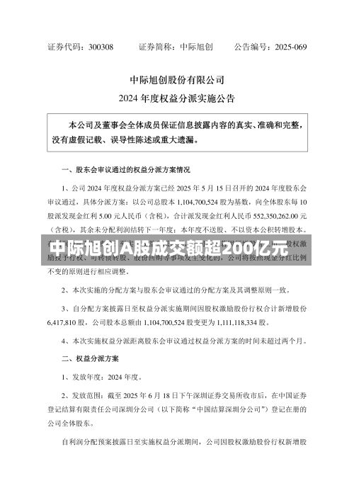 中际旭创A股成交额超200亿元